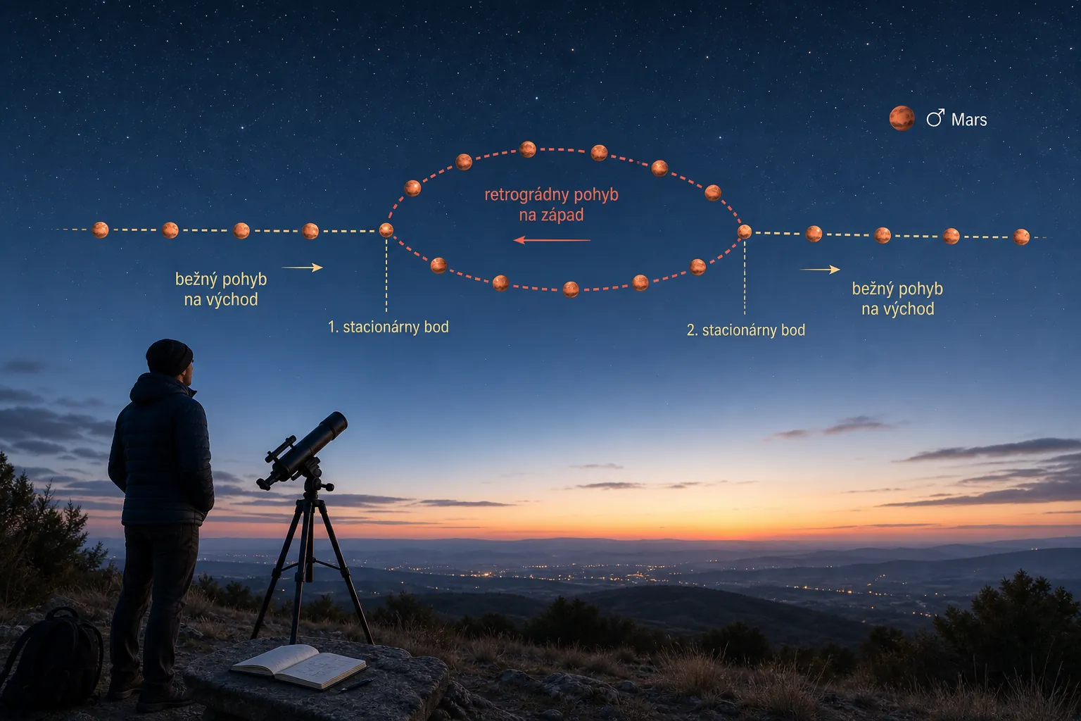 Mars tracing a retrograde loop across the night sky