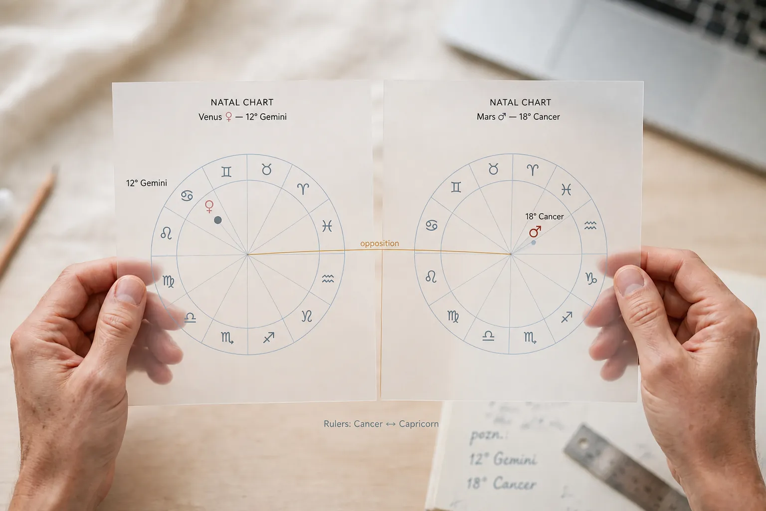 astrologer comparing a natal chart with a mirrored zodiac diagram