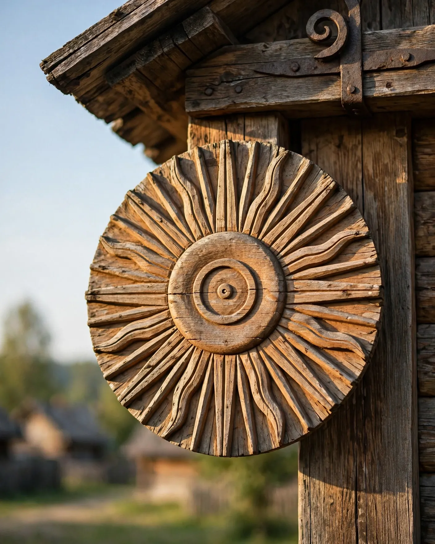 sun rosette on a traditional wooden house gable