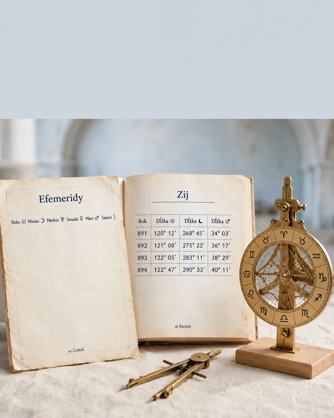 bright brass astrolabe with Arabic zij tables and zodiac ring