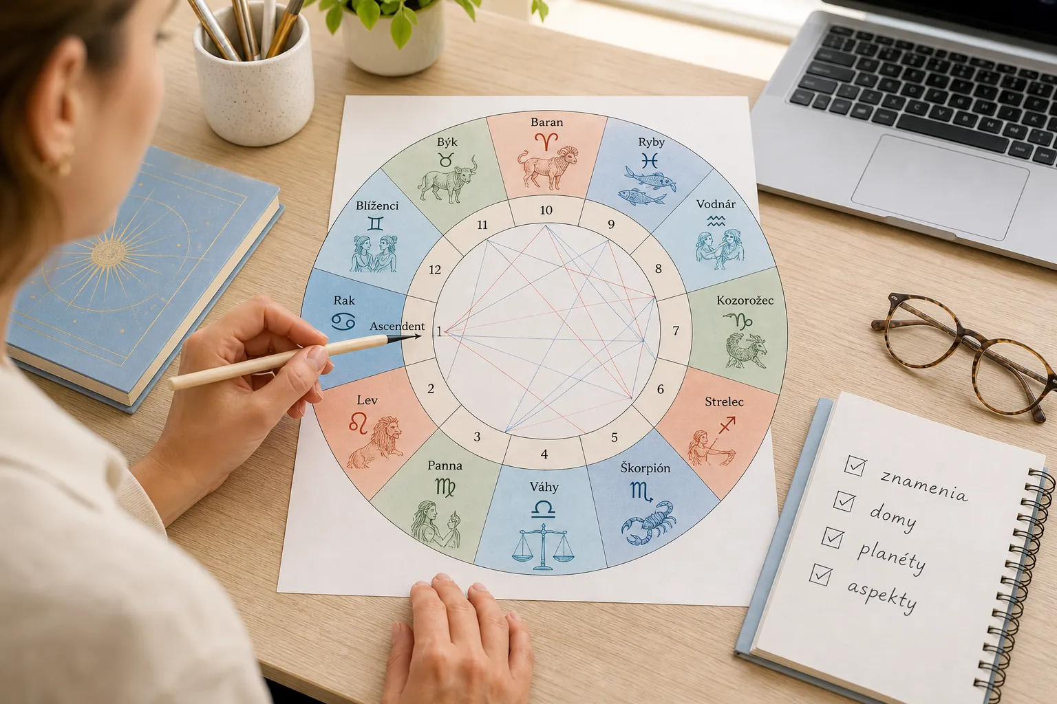 editor explaining a natal chart at a bright desk