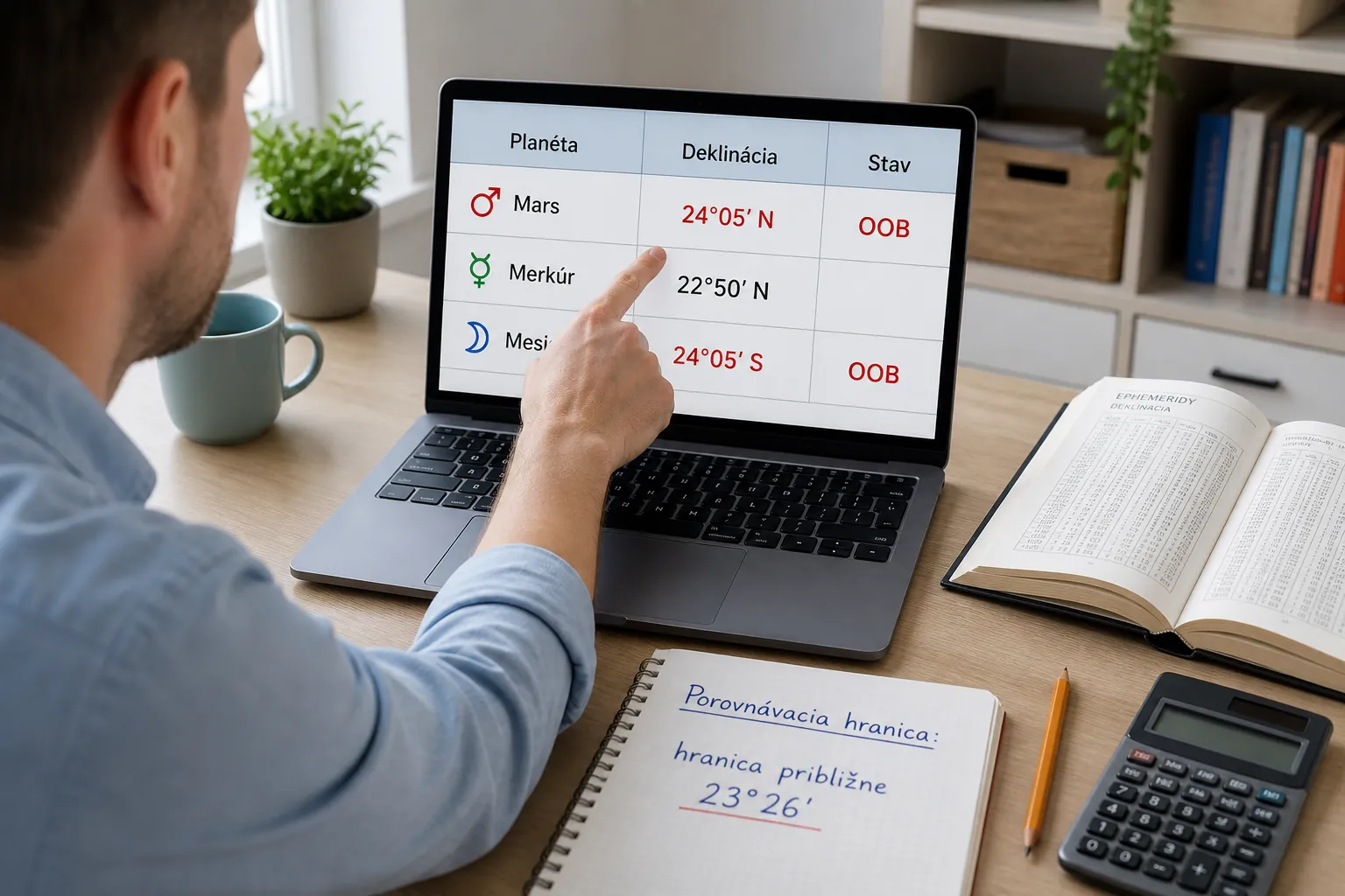 reader checking declination values in a natal chart data table