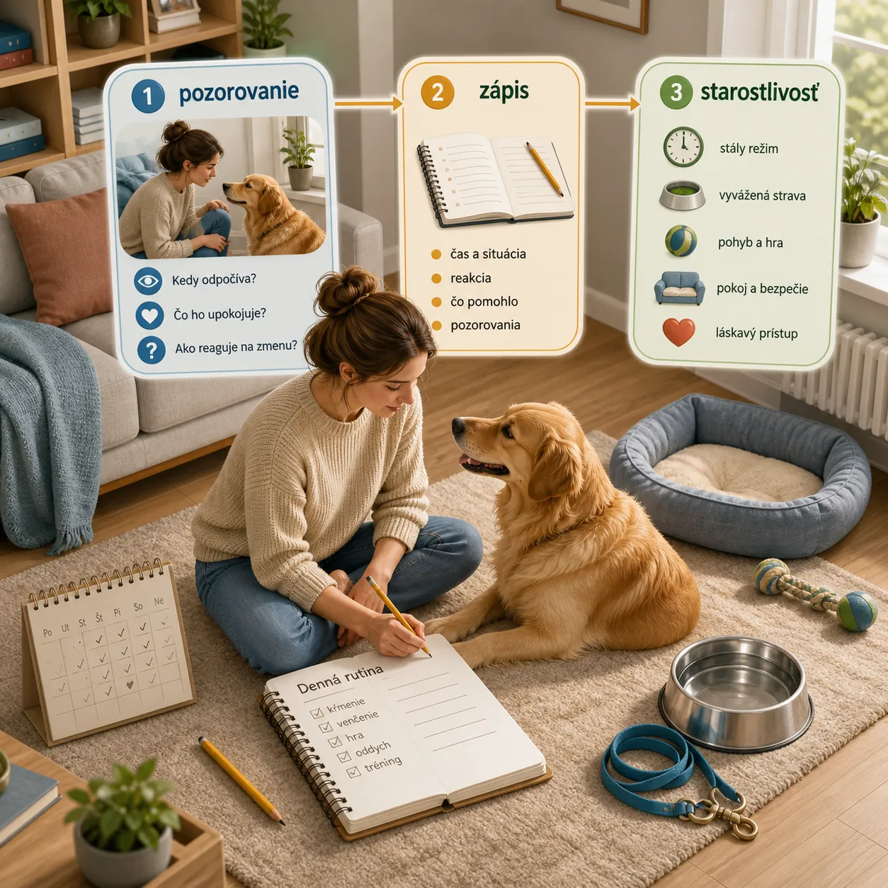 pet owner and dog creating a daily care routine in a bright apartment