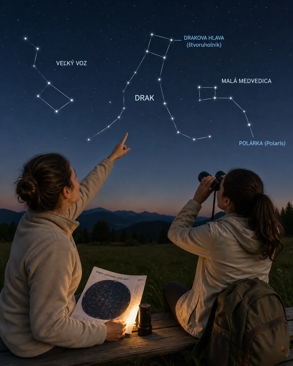 stargazer locating Draco constellation in a Slovak summer sky