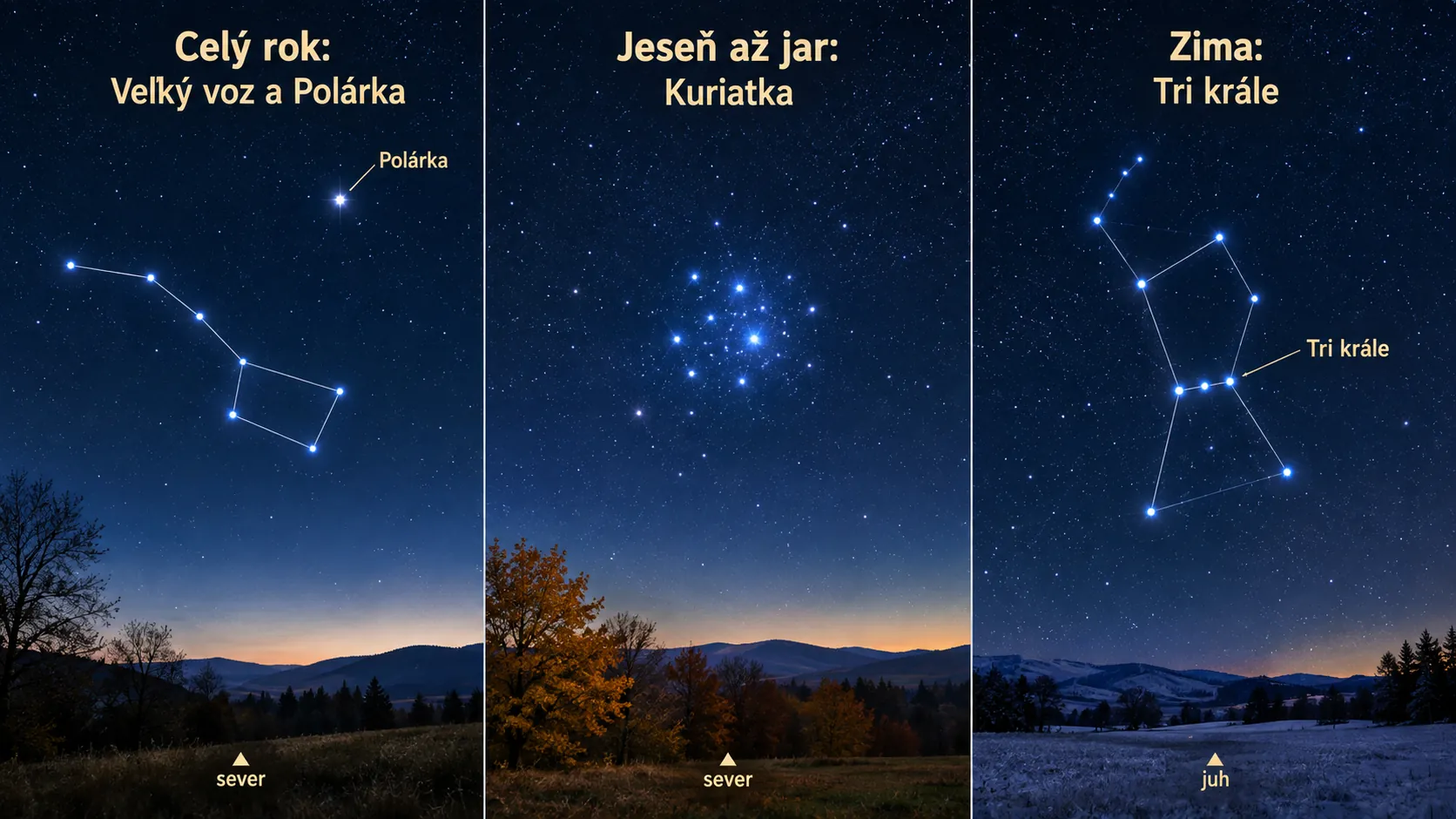 seasonal night sky guide with Big Dipper Pleiades and Orion