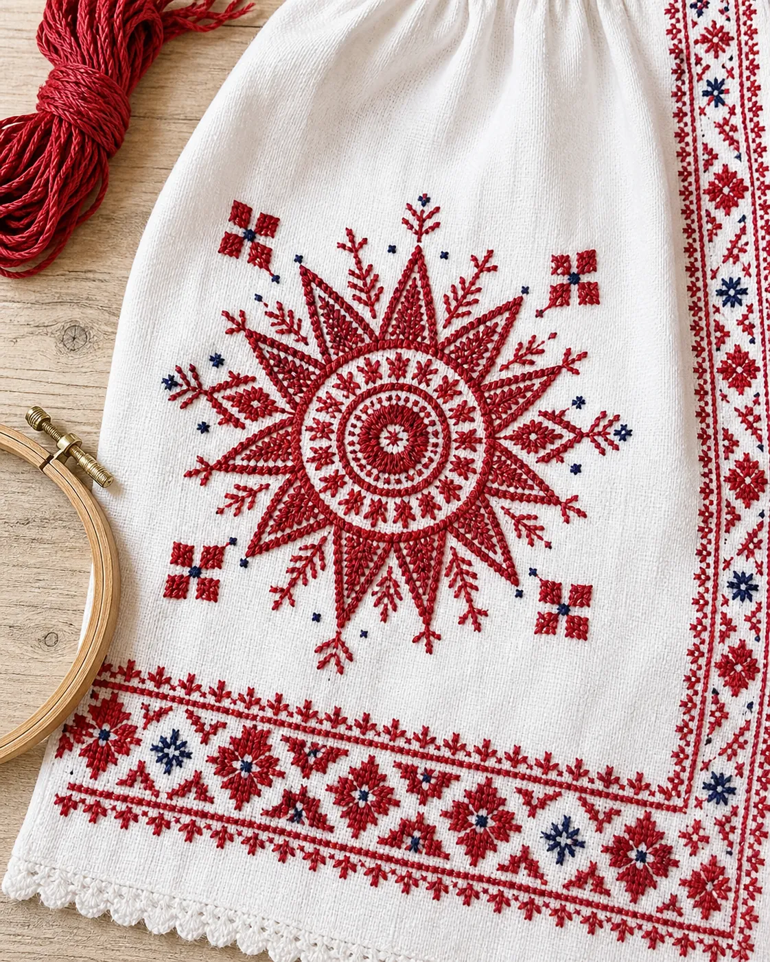 solar rosette detail on traditional Slovak embroidery
