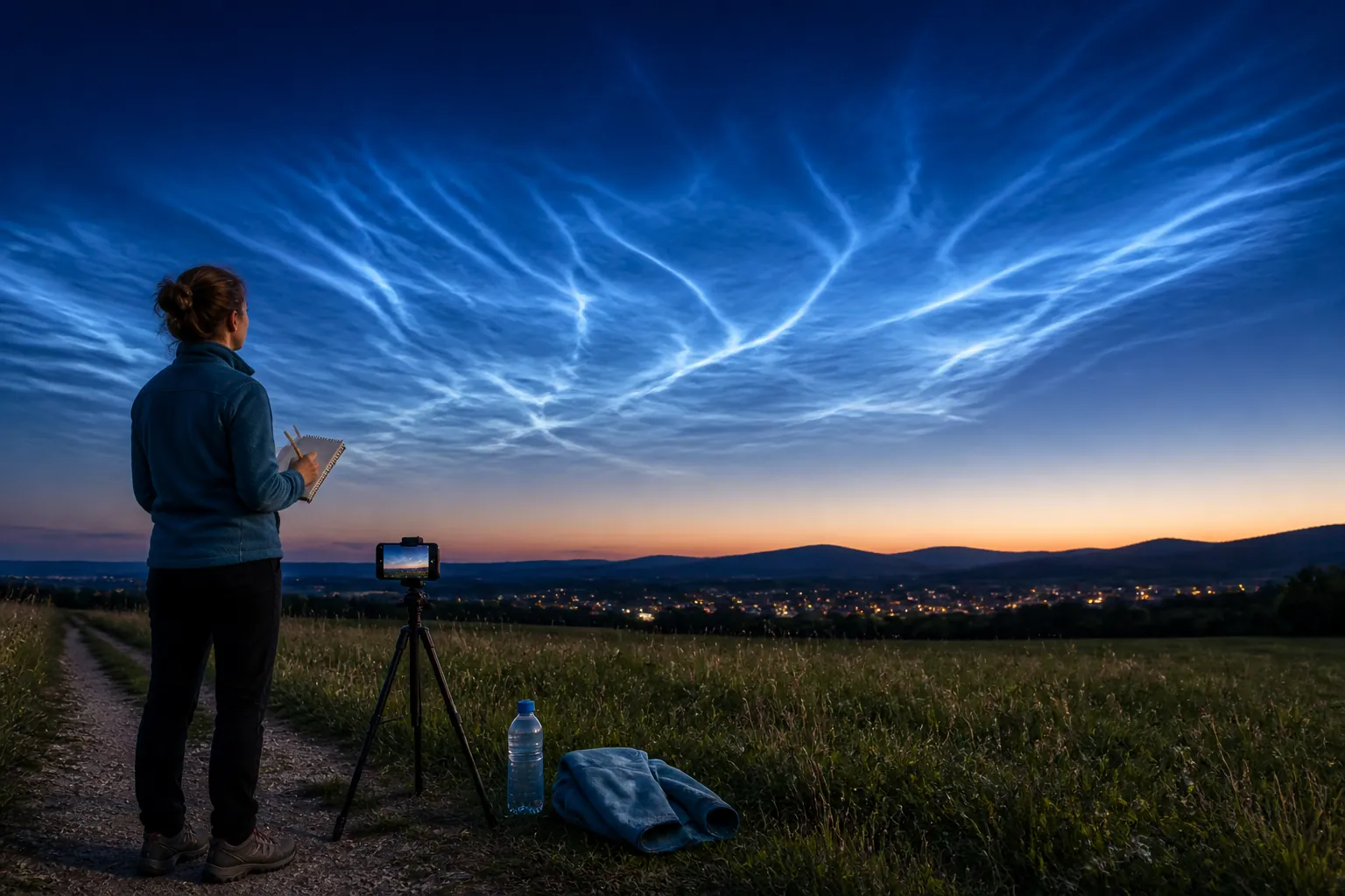observer watching noctilucent clouds over Slovak countryside