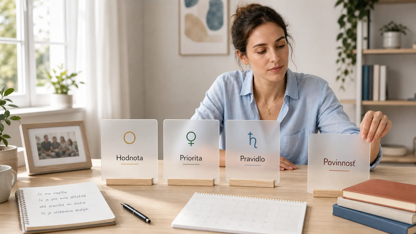 person reflecting on personal values at a bright desk