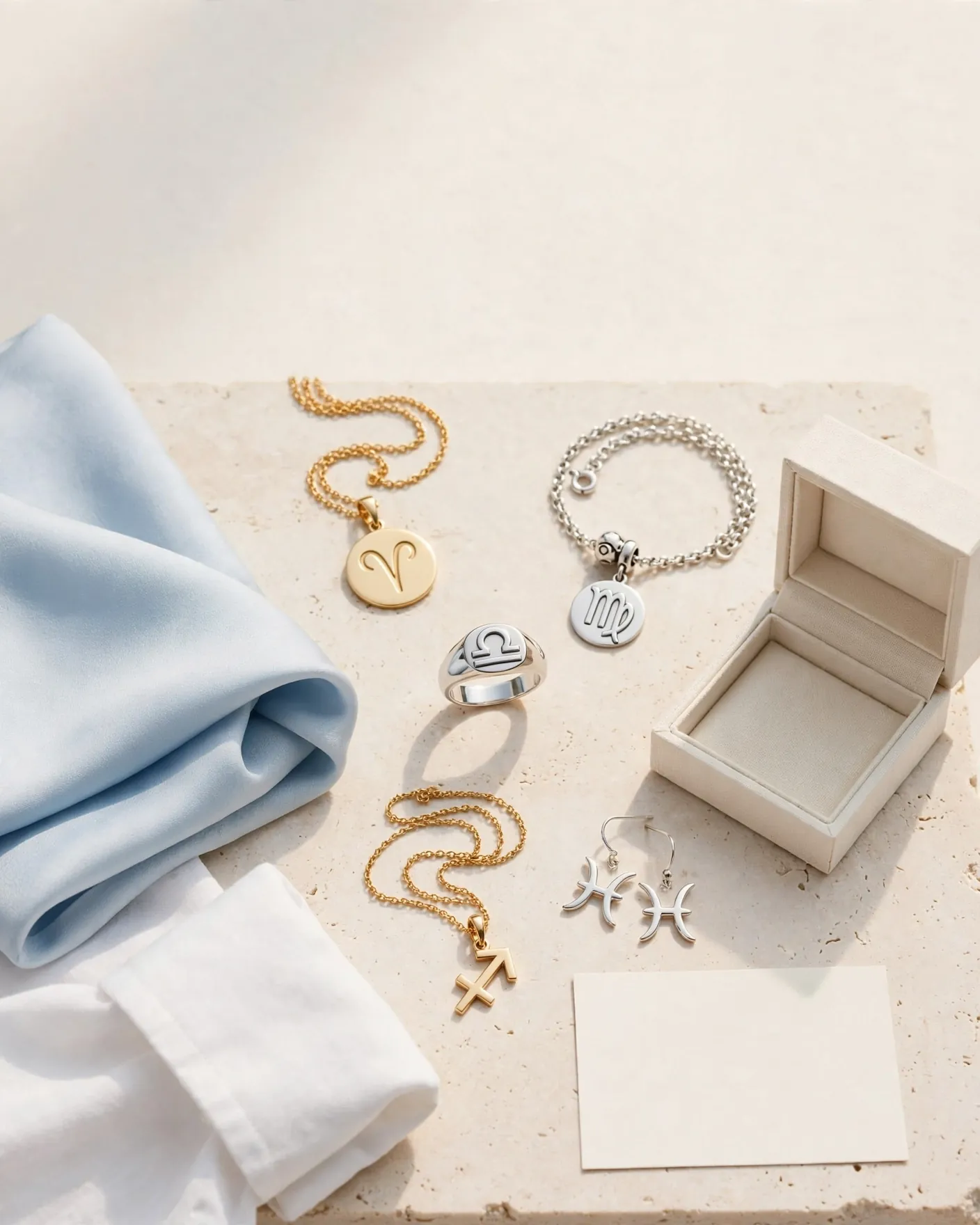 zodiac jewelry collection on a bright editorial table