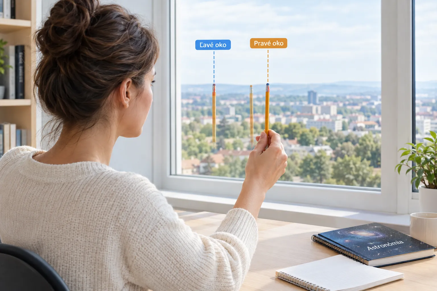 person demonstrating parallax with a pencil and two viewpoints