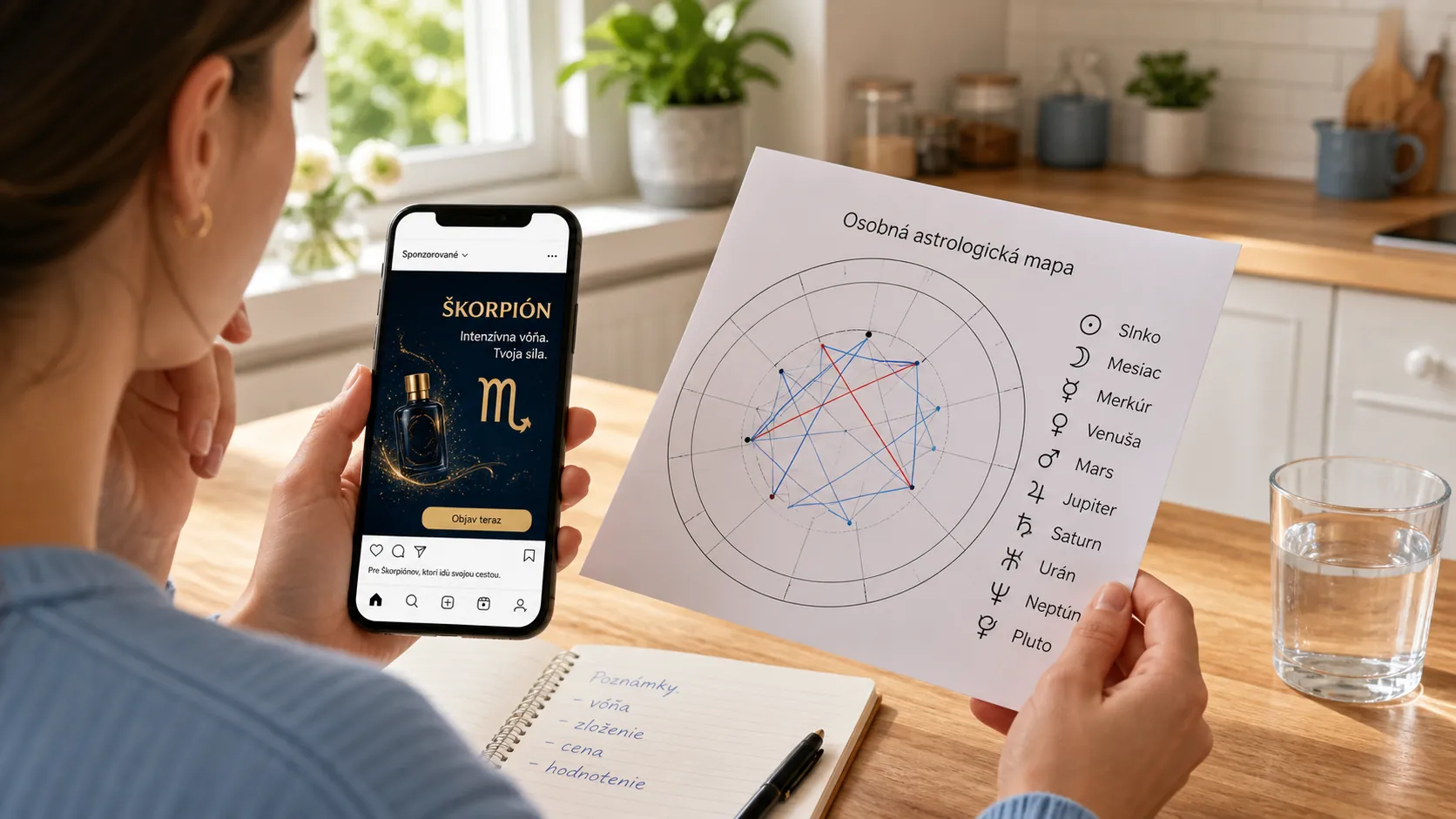 person comparing zodiac themed social media ad with a personal birth chart