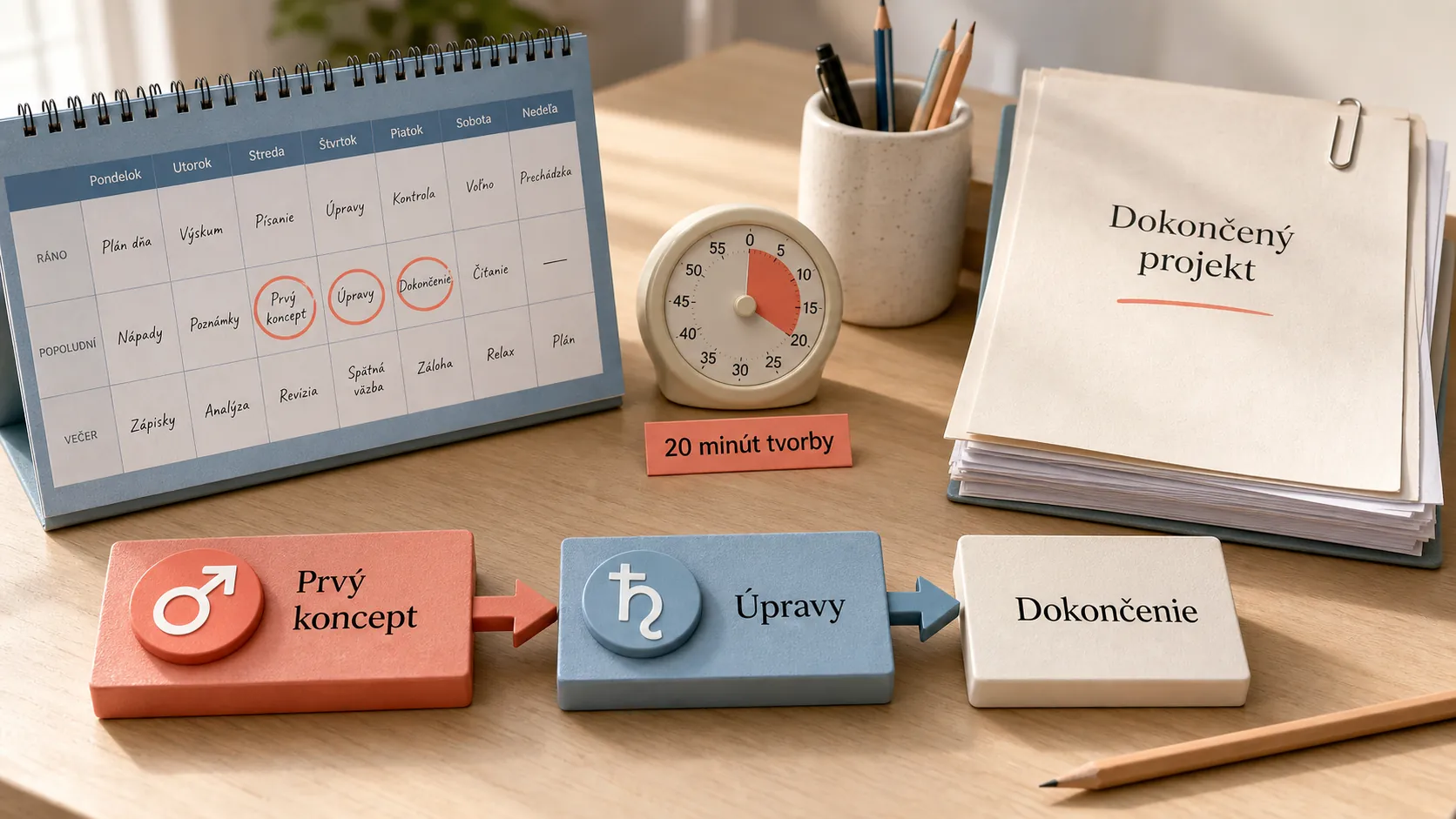 editorial calendar and finished creative project in a bright studio