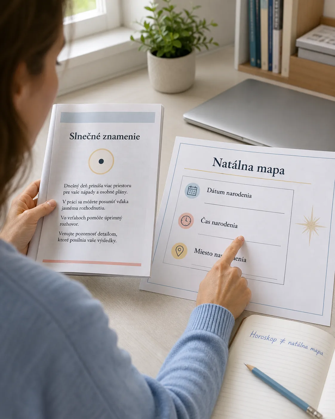 reader comparing a short zodiac column with a detailed birth chart