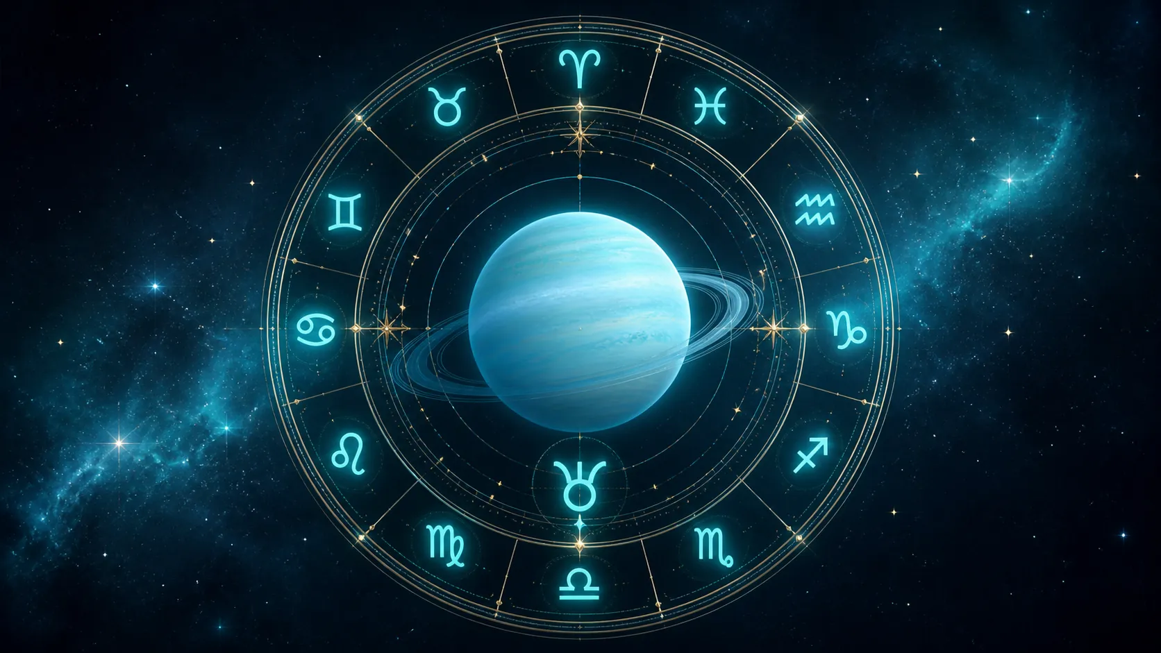 svetlý astrologický kruh s Uránom, tyrkysovými symbolmi a jemnými zlatými detailmi