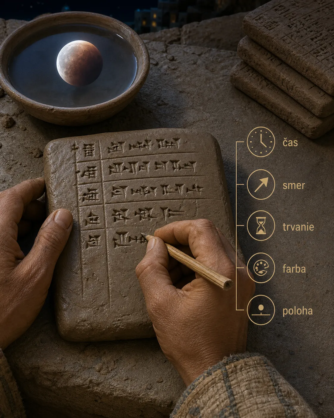 Babylonian scribe documenting a lunar eclipse on a clay tablet