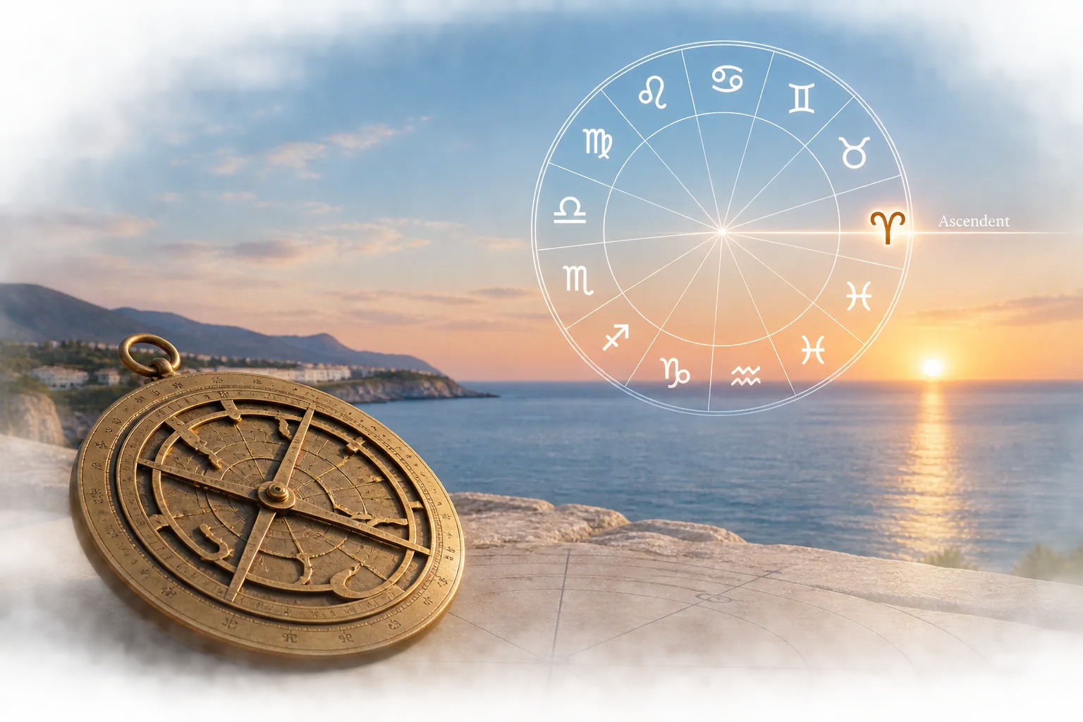 ancient astrolabe and rising zodiac on eastern horizon
