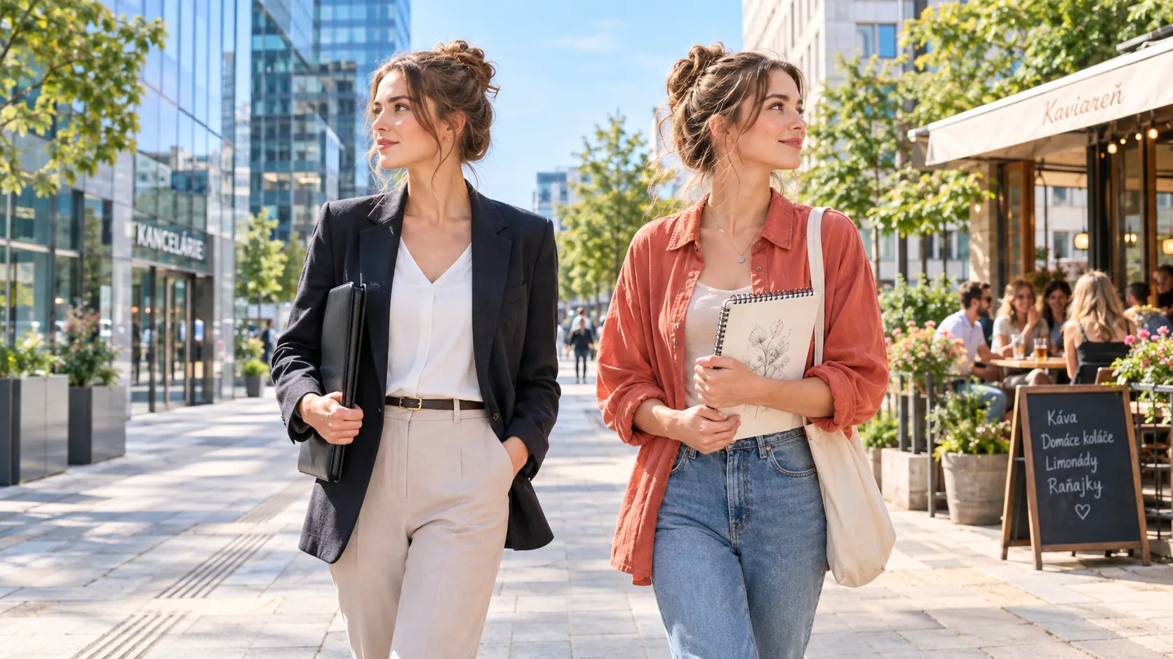 adult twins choosing different life paths in a bright city