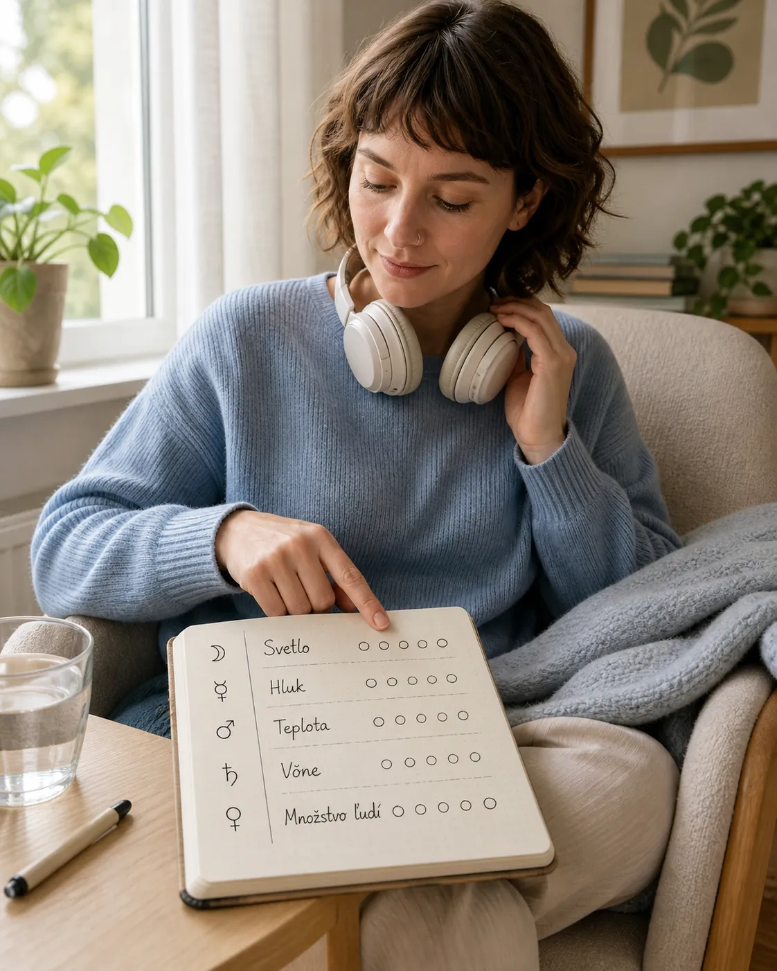 person reflecting on sensory needs with an astrology journal