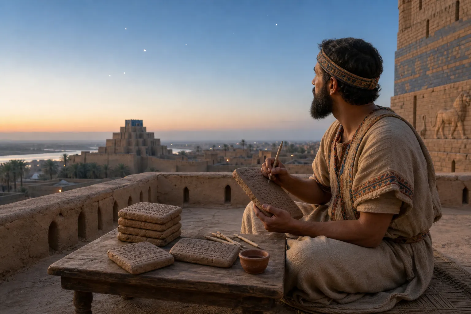 Mesopotamian temple scribe recording planetary observations on a clay tablet