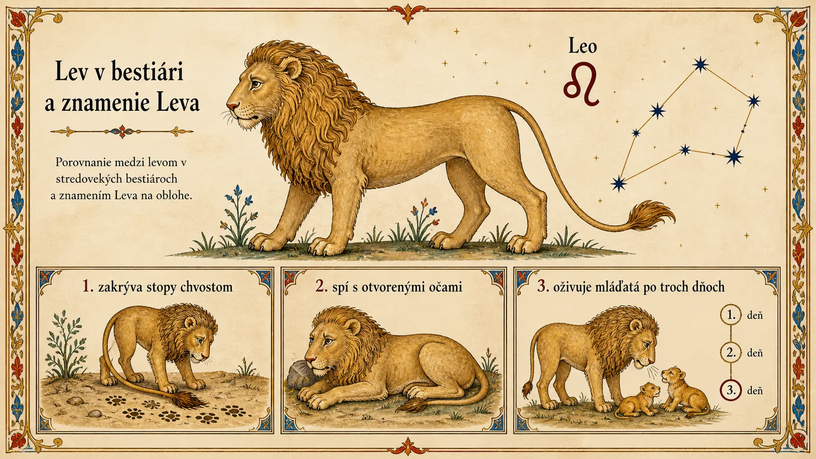 lion in a medieval bestiary and Leo constellation comparison