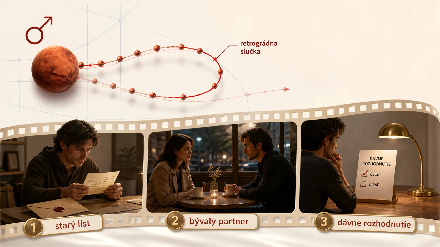 retrograde Mars path and a film character revisiting the past
