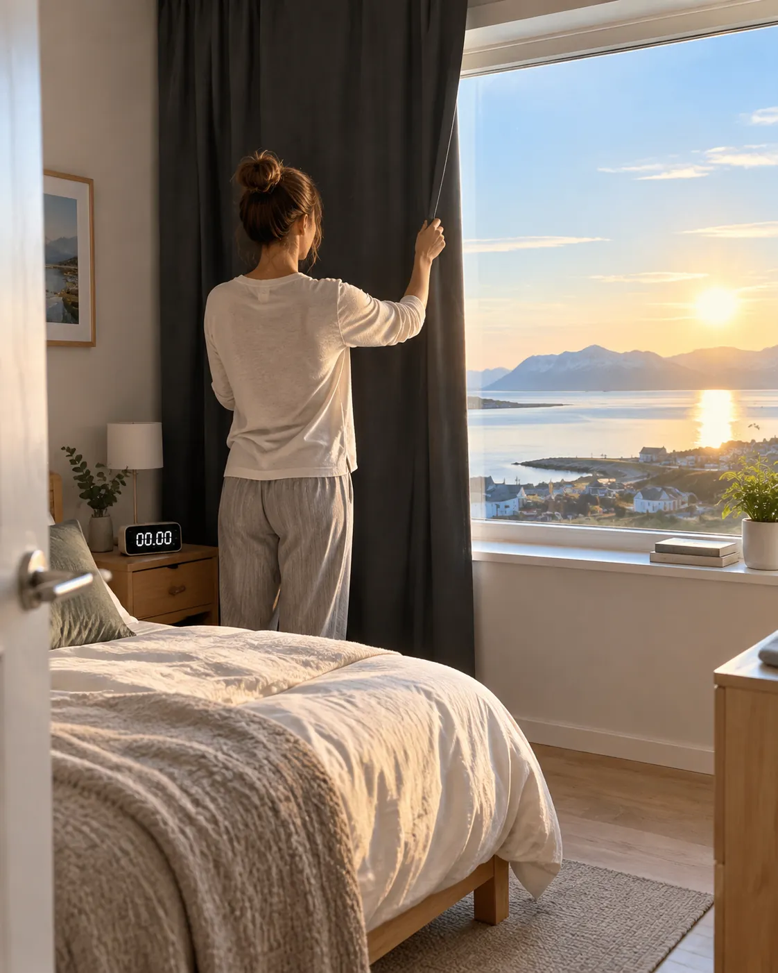 lighted bedroom prepared for sleep during the midnight sun