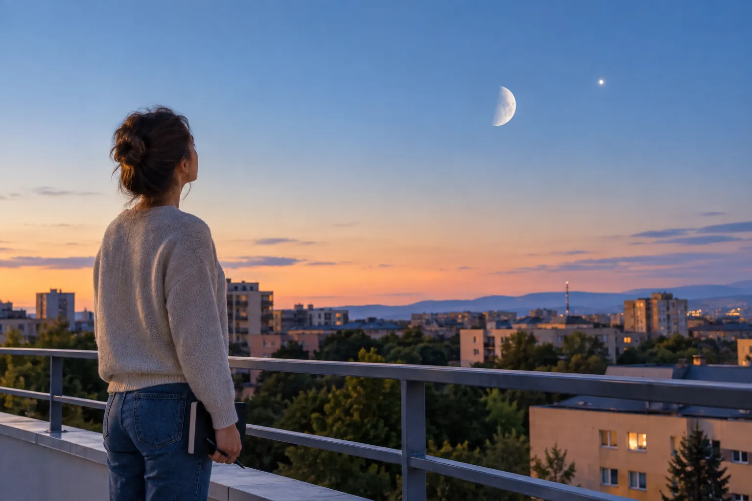 person observing the Moon and evening sky from a city rooftop