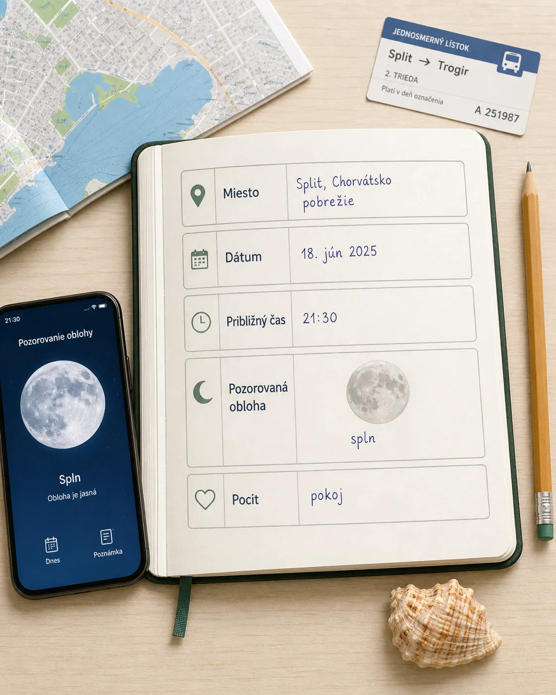 modern travel journal page connecting place time sky and feelings