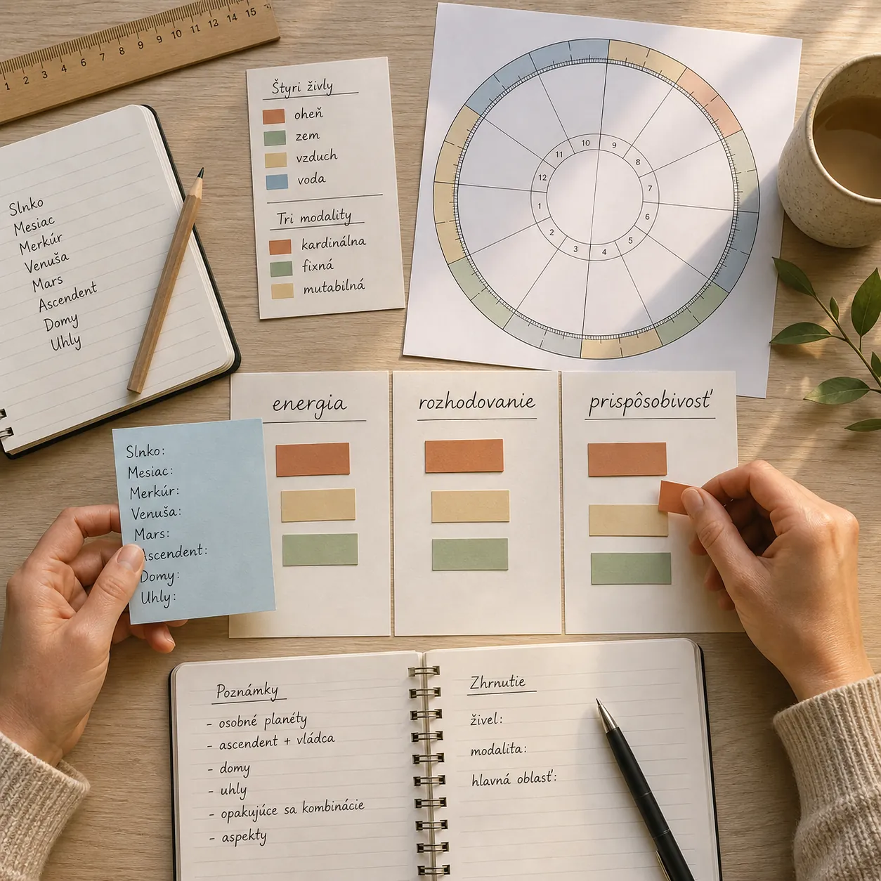 person comparing element and modality notes beside a birth chart