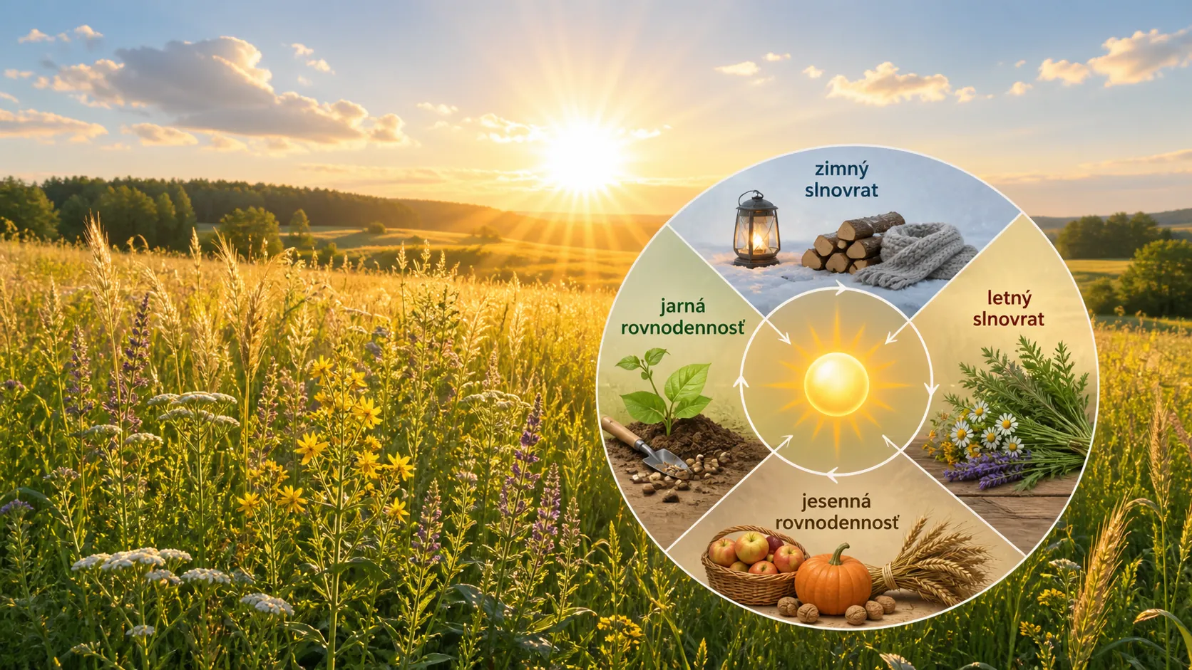 bright summer solstice field with symbolic seasonal calendar elements