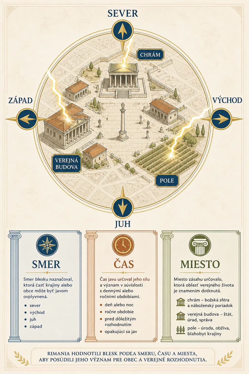 Roman weather omens infographic with lightning directions