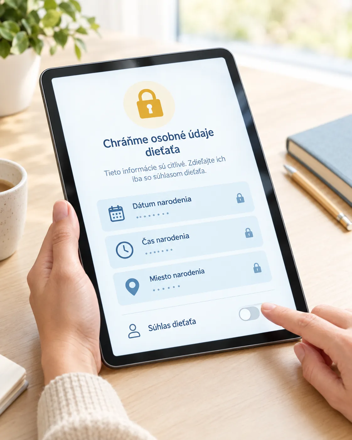 parent protecting a child's personal birth data on a tablet