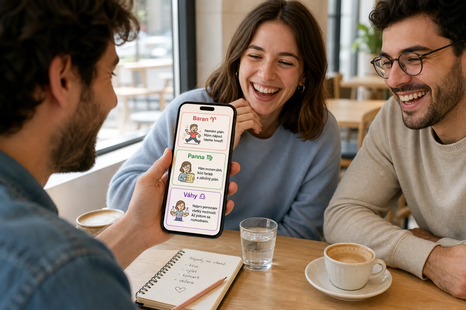 friends laughing at zodiac memes on a phone