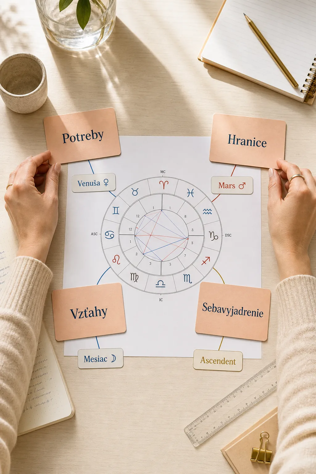 person exploring an inclusive birth chart at a bright desk