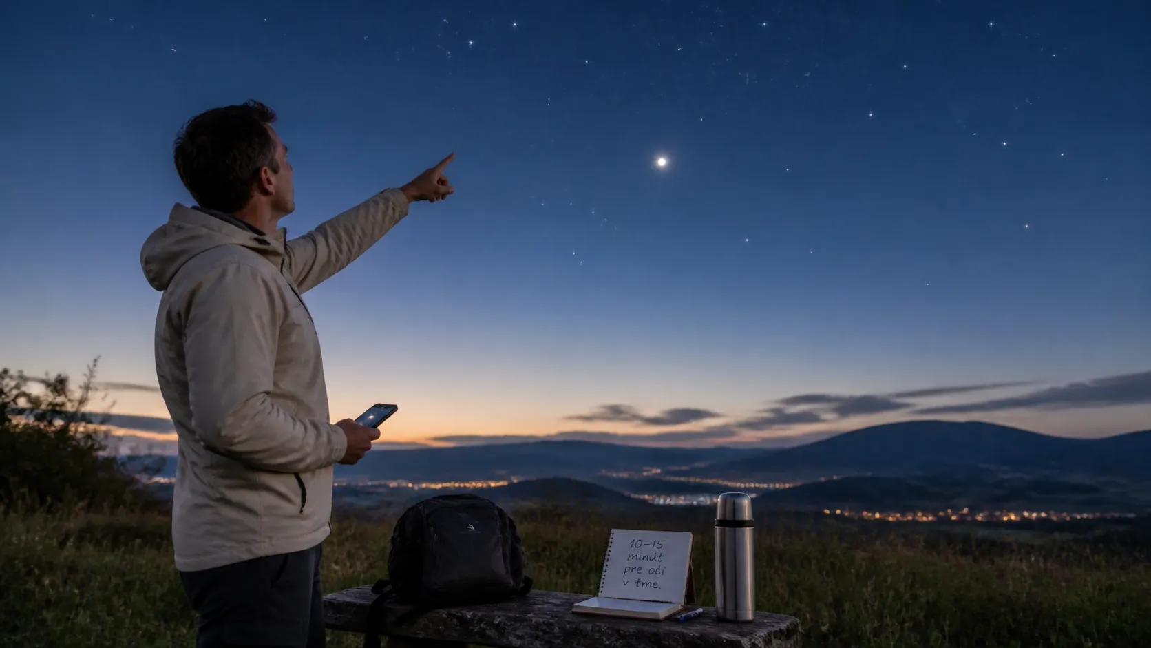 person observing a calm bright planet and twinkling stars from Slovakia