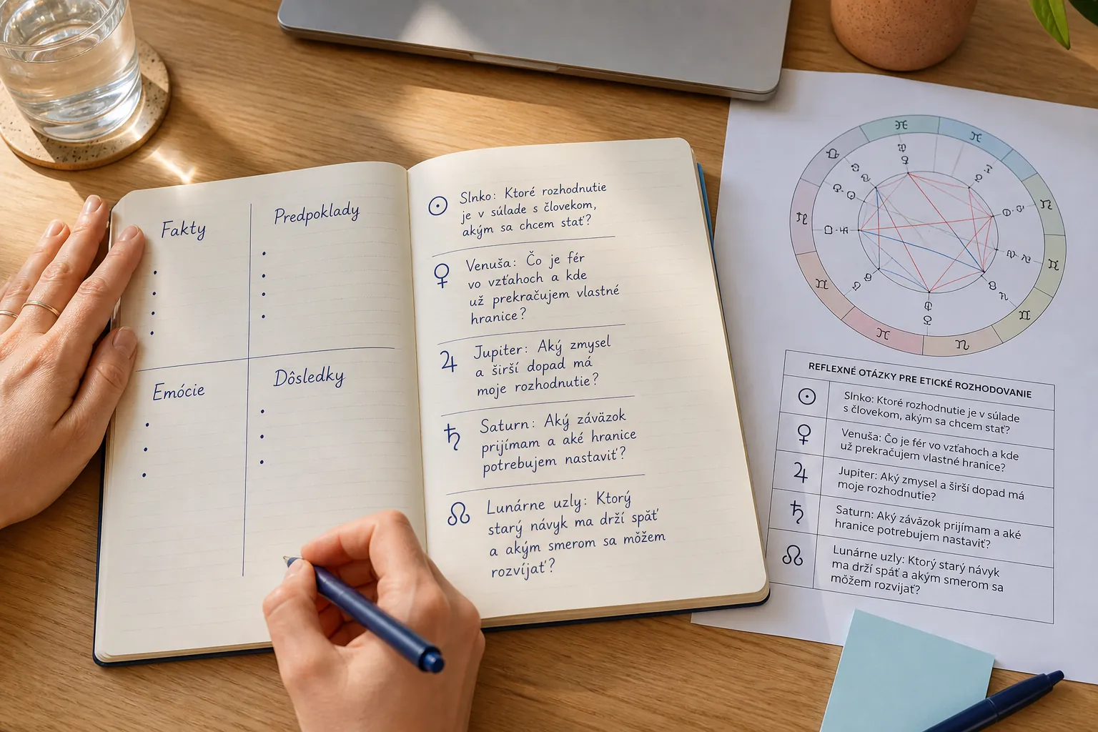 person writing an ethical decision journal beside a birth chart