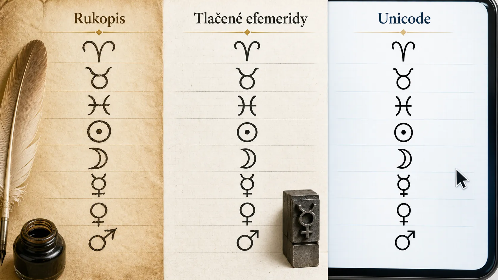 historical astrology glyphs transforming into clean digital symbols