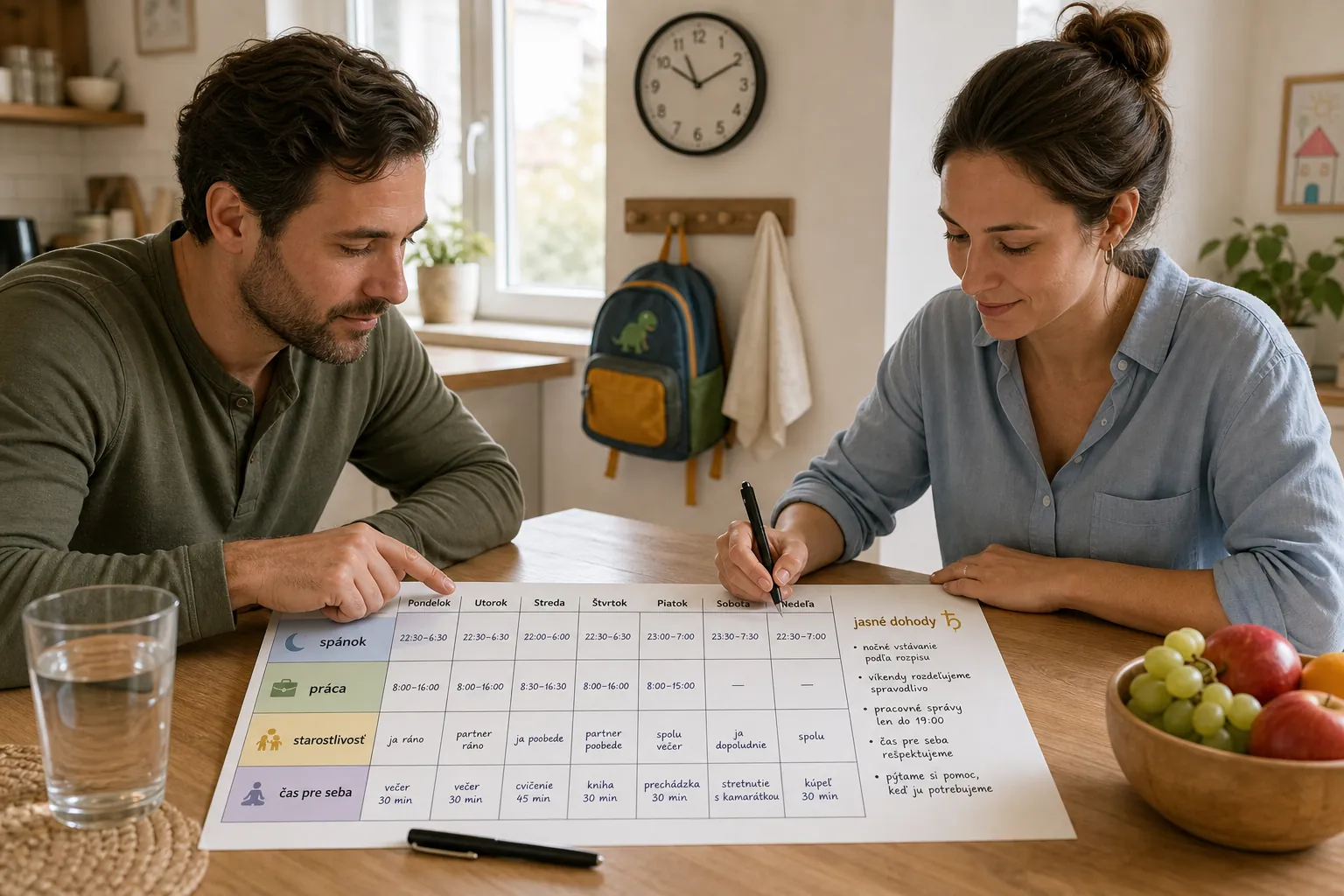 parent organizing shared care schedule in a bright home