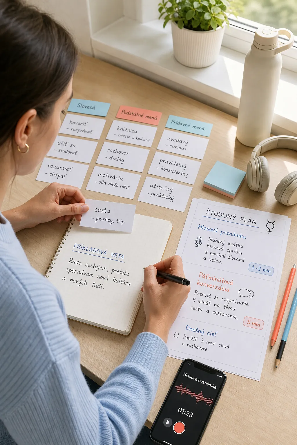language learner organizing vocabulary notes at a bright desk