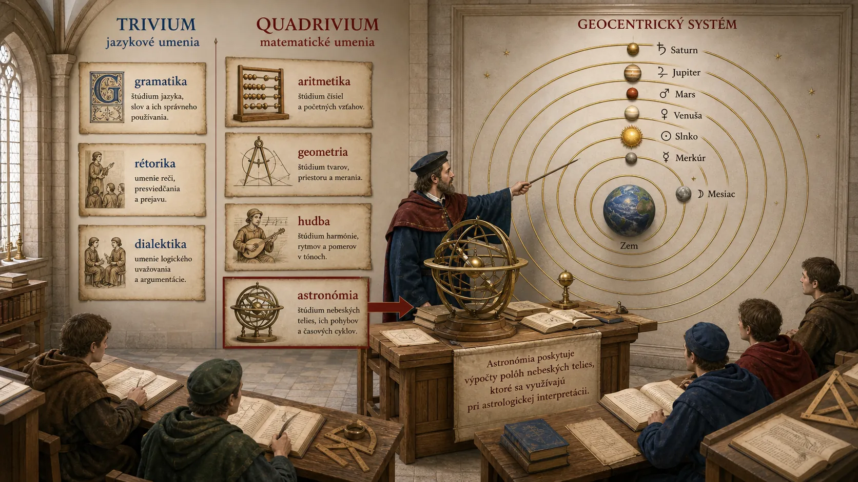 medieval university astronomy lesson with celestial sphere