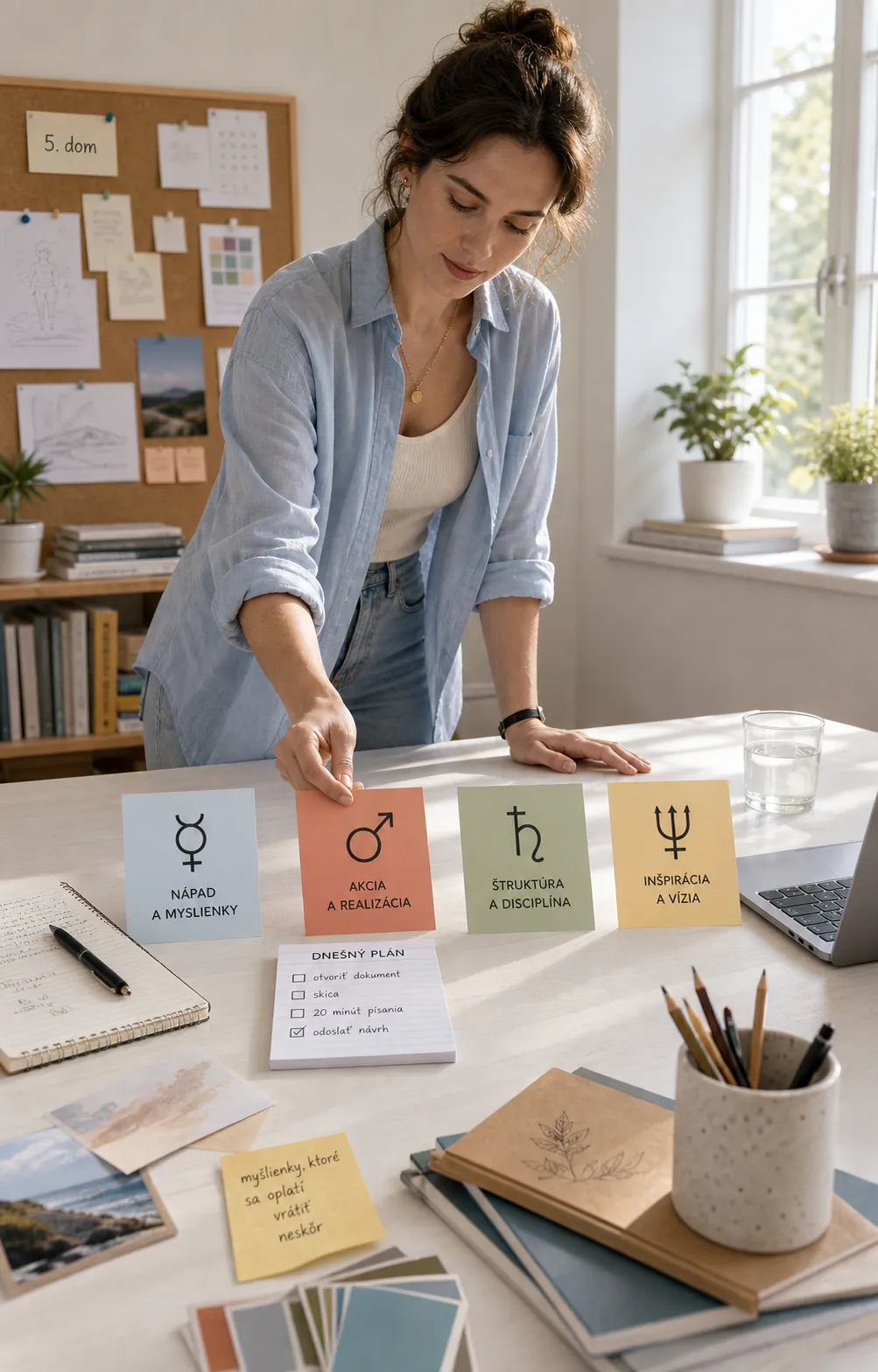 creative person organizing ideas at a bright desk