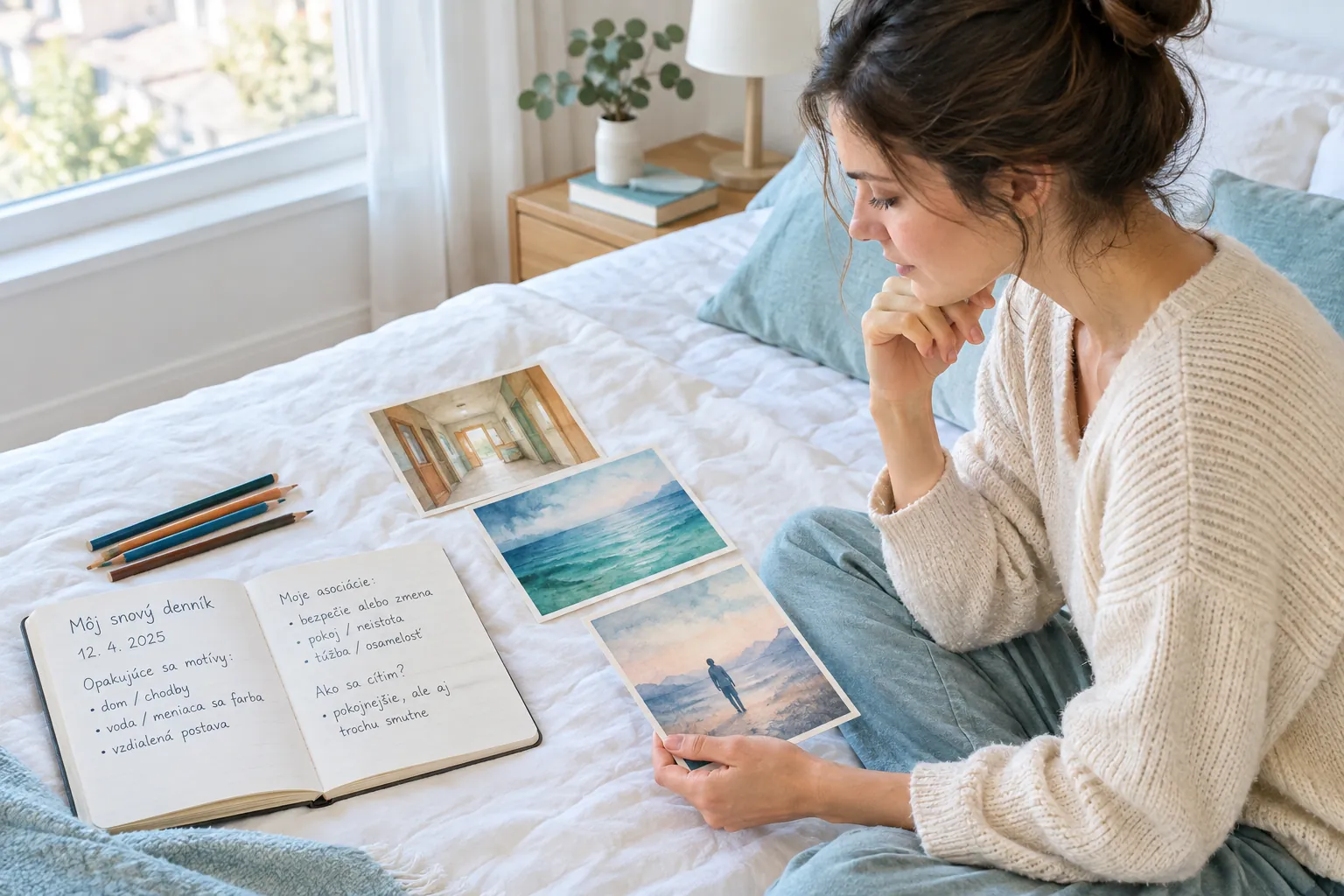 person reflecting on recurring dream motifs in a bright bedroom