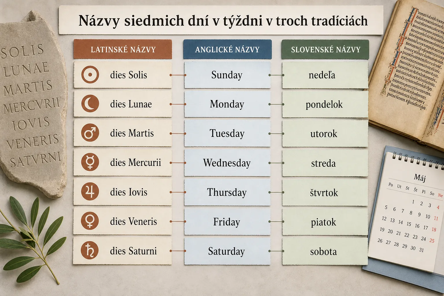 Latin Germanic and Slovak names of the seven weekdays
