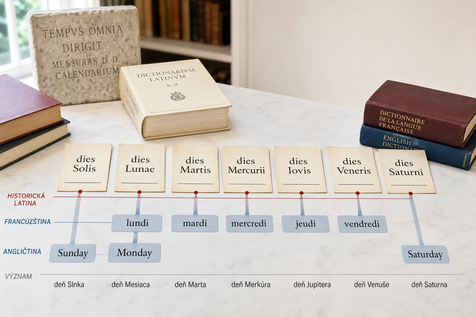Roman planetary weekday names transforming into modern European languages