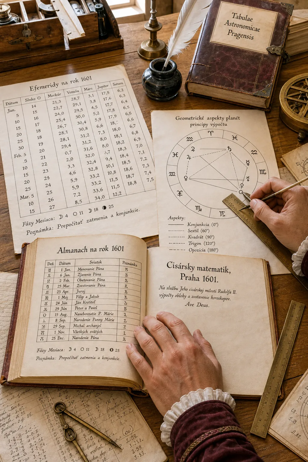 Kepler astrological almanac and astronomical calculations on a historical desk