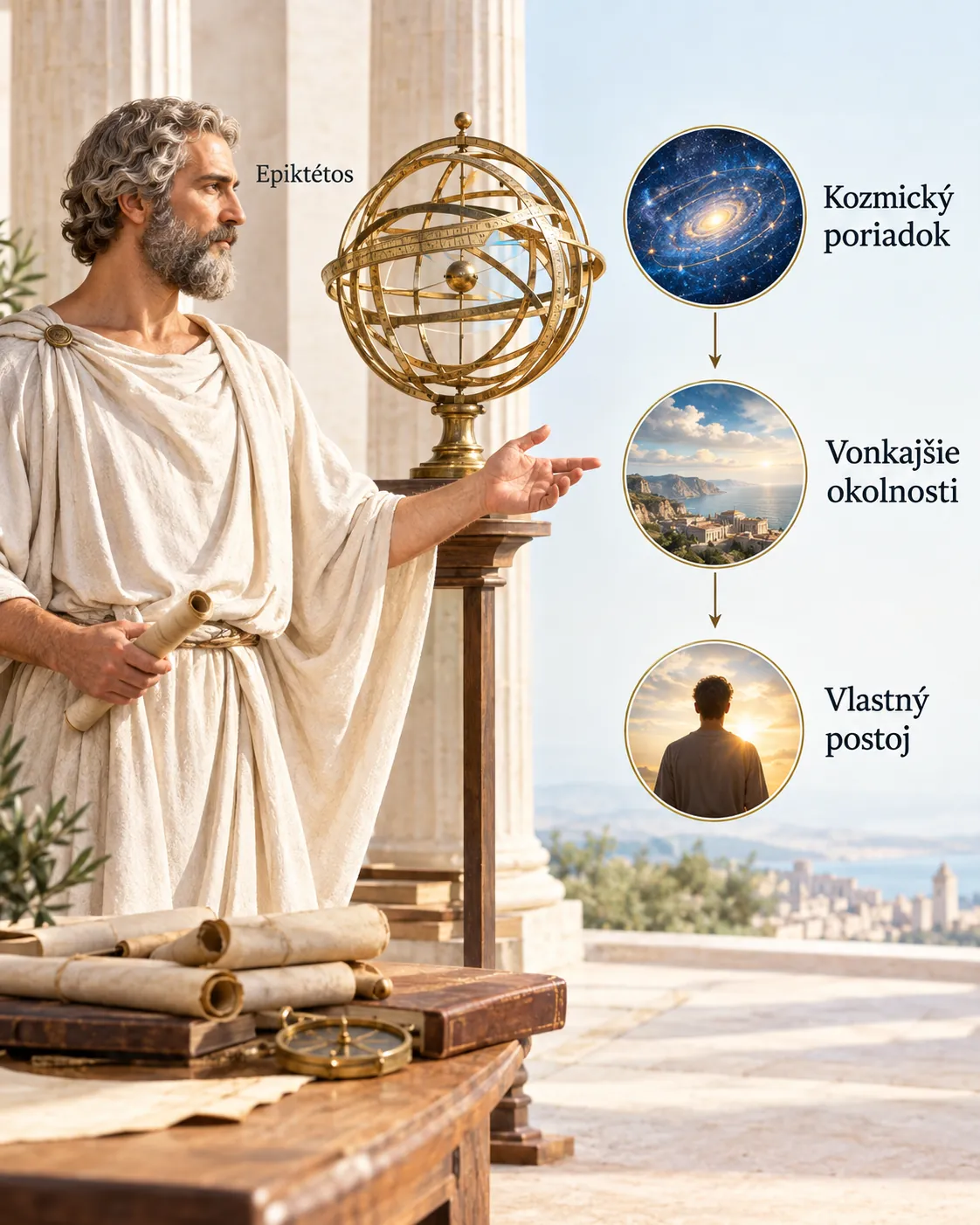 stoic thinker studying a celestial model