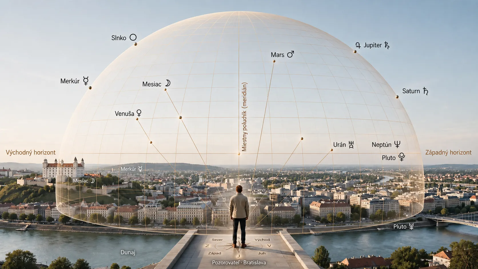 geocentric sky map above a modern city