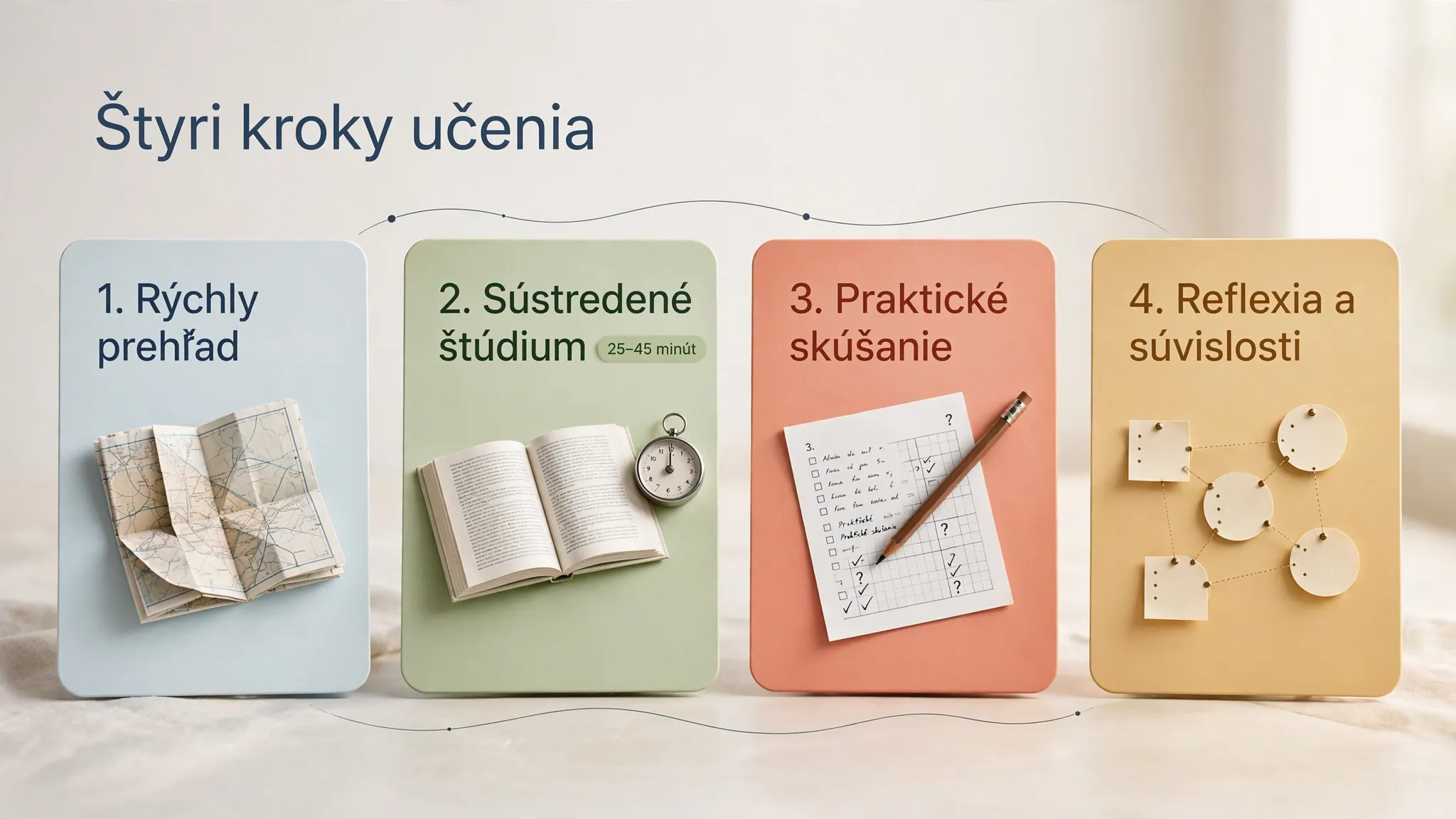 four-step learning workflow from overview to focused study practice and reflection