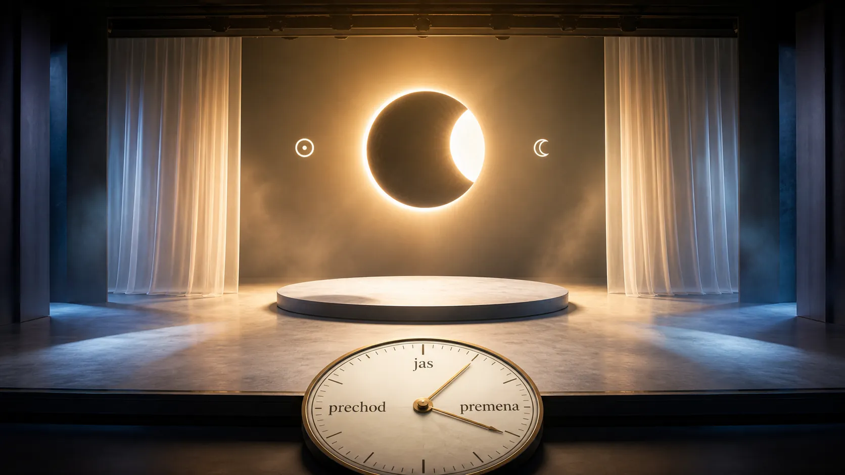 bright theatre stage with celestial clock and eclipse