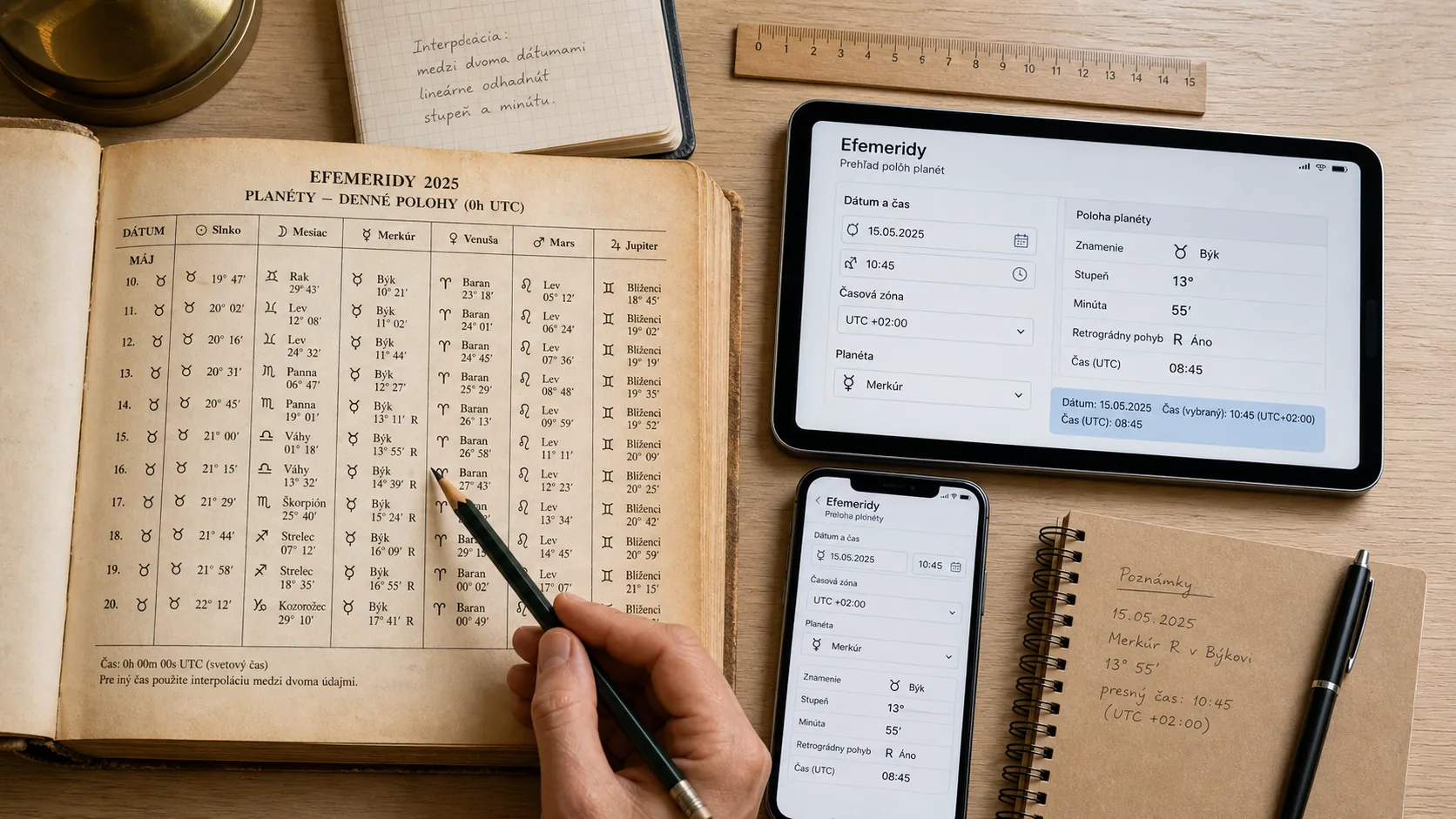 historical printed ephemeris beside a modern astrology app